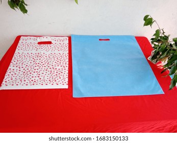 Thank You Bag With Royal Blue Non Woven Shopping Bags On Red Background, Polypropylene Fabric Bag