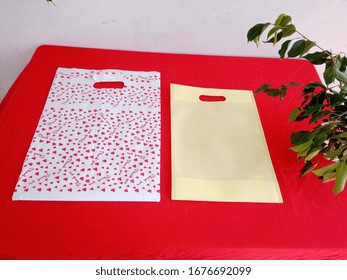 Thank You Bag With Yellow Non Woven Shopping Bags On Red Background, Polypropylene Fabric Bag