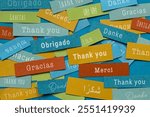 thank you in different languages, many thanks colorful papers, merci danke