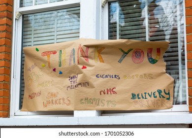 Thank You Handemade Appreciation Sign On The Paper Banner Hanging On The Window For Those Involved In Supporting People In Self-isolation Due To Covid-19 Pandemic. London, UK 11/04/2020