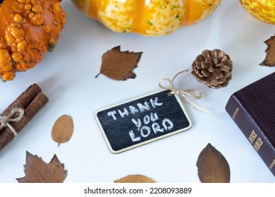 Thank You LORD, A Handwritten Quote With Chalk Placed On A White Background With A Closed Holy Bible Book, Fresh Autumn Fruit, And Dry Leaves. Christian Thanksgiving Concept.