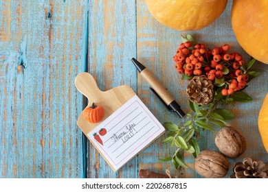 Thank You, LORD, A Handwritten Text Note On A Rustic Wooden Background With Autumn Fruit. Top Table View. Copy Space. Christian Thanksgiving Day, Gratitude, And Praise To God Concept.