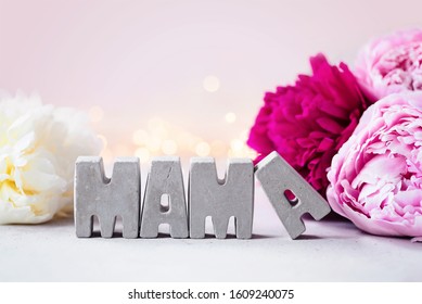 Thank you Mama! Happy Mother's Day! Concrete letters, soft pink and white peonies and romantic lights
