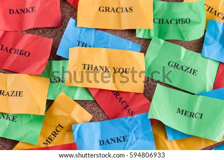 Thank you in many languages on colorful pieces of paper.