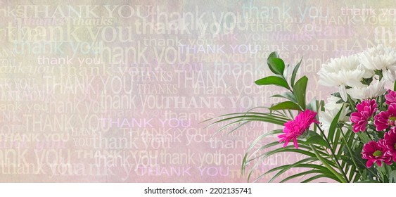 Thank You Message Background Template - Lovely Bunch Of Pretty  Pink And White Flowers In Bottom Left Corner Against A Rustic Pale Textured Background Covered In Different Sized Words Saying THANK YOU