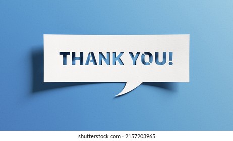 Thank you message for card, presentation, business. Expressing gratitude, acknowledgment and appreciation. Minimalist abstract design with white cut out paper on blue background.