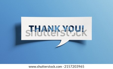 Thank you message for card, presentation, business. Expressing gratitude, acknowledgment and appreciation. Minimalist abstract design with white cut out paper on blue background. 商業照片 © 