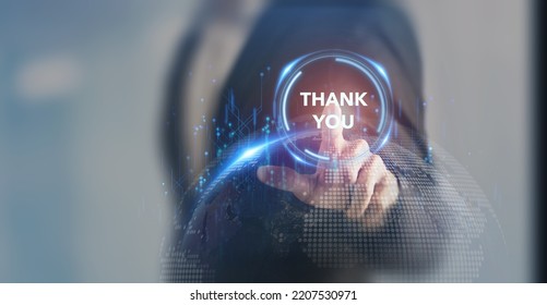 Thank you message for presentation, business, technology, innovation concept.  Businessman touching screen with THANK YOU text on smart background expressing gratitude, acknowledgment and appreciation