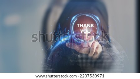 Thank you message for presentation, business, technology, innovation concept.  Businessman touching screen with THANK YOU text on smart background expressing gratitude, acknowledgment and appreciation