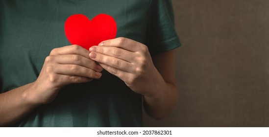 Thank You My God. Lady Holding Red Heart Close To The Body. Expressing Deep Gratitude Impressed By Good Deed Concept