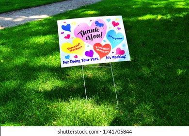 Thank You For Our Front Line Workers, Essential Workers In A Field Of Green Grass In Kitchener, Ontario, Canada, May 26, 2020.  