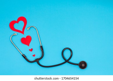 Thank You Postcard For Nhs Staff, Doctors, Nurses. Novel Coronavirus (2019 - NCoV) Thanking Letter With Red Hearts, Stethoscope, Thanks Message Card With Copy Space For Thankful Text For Saving Life.