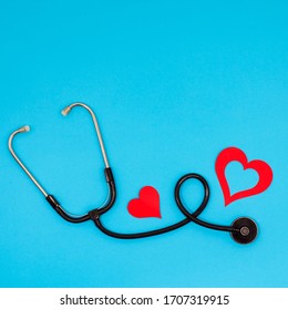 Thank You Postcard For Nhs Staff, Doctors, Nurses. Novel Coronavirus (2019 - NCoV) Thanking Letter With Red Hearts, Stethoscope, Thanks Message Card With Copy Space For Thankful Text For Saving Life.