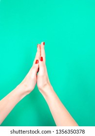 The Thank You Praying Hands Hand Sign. Say Thank You With Your Hands By Mimicking The Praying Hands Emoji. Woman Hold Hands Together Is Symbol Prayer And Gratitude On Isolated Turquoise Green Color