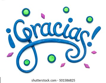 Thank you in spanish. Image made with plasticine. Colorful headline for your design (postcard, print, thank you card, poster, banner, signboard, flyer, email, letter). Calligraphy. Handmade lettering.