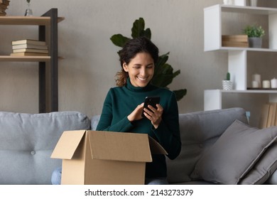 Thank You For Surprise. Young Latina Female Getting Unexpected Present By Mail Calling Friend Appreciating For Gift. Happy Hispanic Woman Send Phone Message To Web Marketplace Confirm Receipt Of Order