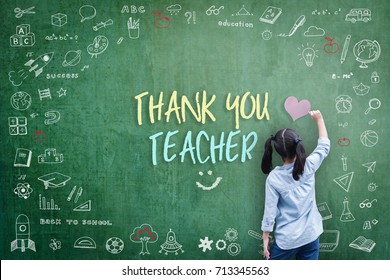 Thank You Teacher greeting card for World teacher's day concept with school student back view drawing doodle of of learning education graphic freehand illustration icon on green chalkboard