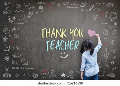 Thank You Teacher greeting card for World teacher's day concept with school student back view drawing doodle of of learning education graphic freehand illustration icon on black chalkboard