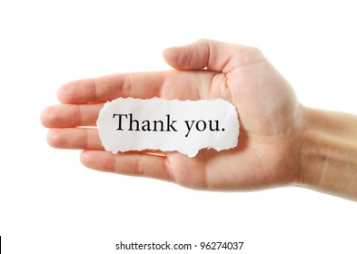 Thank you or thanks concept with hand word and paper. Isolated on white background.