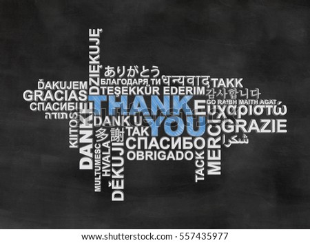 thank you, thanks in different languages on blackboard greeting card