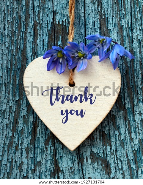 Thank You or thanks greeting\
card with spring flowers and decorative white heart on a blue\
wooden background.International Thank You Day or Mother\'s Day\
concept.