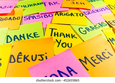 Thank you in twenty languages, colorful sticky notes with handwriting on cork bulletin board