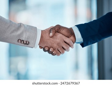 Thank you, welcome and business people in office with handshake for recruitment, deal and hiring negotiation. Job interview, meeting and men shaking hands for b2b agreement, congratulations or offer