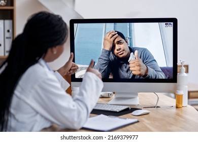 Thanks For Your Help, Doc. Shot Of A Young Man Showing Thumbs Up During A Video Call With A Doctor On A Computer.