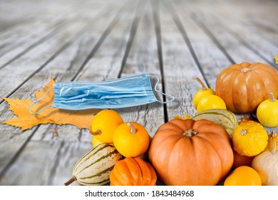 Thanksgiving 2020, Coronavirus Days, Protective Face Mask And Colorful Pumpkins