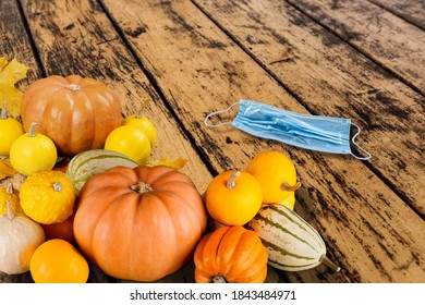 Thanksgiving 2020, Coronavirus Days, Protective Face Mask And Colorful Pumpkins