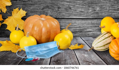 Thanksgiving 2020, Coronavirus Days, Protective Face Mask And Colorful Pumpkins