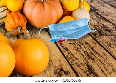 Thanksgiving 2020, Coronavirus Days, Protective Face Mask And Colorful Pumpkins