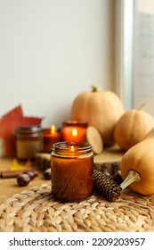 Thanksgiving Autumn Decor, Burning Candle, Pumpkins And Candles.