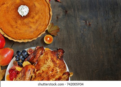 Thanksgiving Background. Turkey On A Dark Background. View From Above. Copy Space. Flatlay. Top View