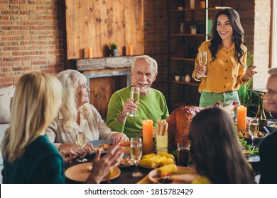 Thanksgiving Big Family Meeting Cheerful Young Mom Tell Greeting Toast Drink Sparkling Wine Living Room Indoors