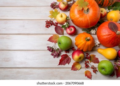 Thanksgiving Centerpiece With Pumpkins, Orange Squash, Autumn Leaves, Red, Green Apples On The White Wooden Background, Copy Space 