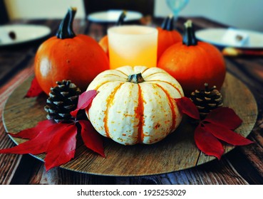 Thanksgiving Centerpiece With White Pumpkin And Pinecones