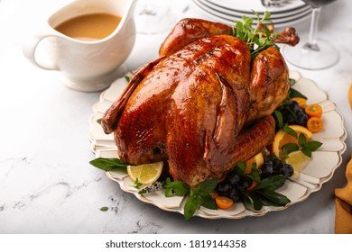 Thanksgiving Or Christmas Roasted Turkey Served With Gravy