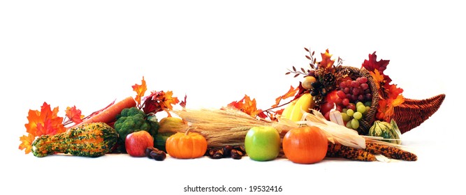 Thanksgiving Cornucopia Filled With Autumn Fruits And Vegetables Spread Out To Create A Border.