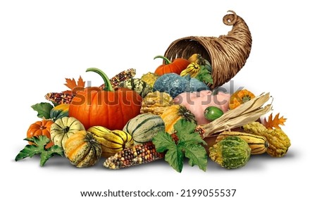Thanksgiving Cornucopia horn object full of fresh fruit and vegetables on a white background as rustic traditional wicker or weaved basket with Autumn and Fall season agricultural produce harvest.