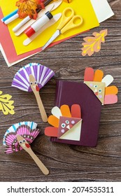 Thanksgiving Craft Bookmark Turkey Paper And Toy Stics Puppets Turkey. Childrens Art Project, Handmade, Crafts For Kids.