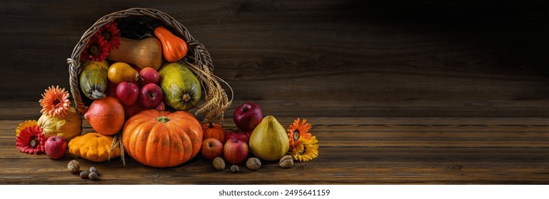 Thanksgiving day background with empty copy space. Pumpkin harvest in wicker basket. Squash, orange vegetable autumn fruit, apples, and nuts on a wooden table. Halloween decoration fall design. - Powered by Shutterstock