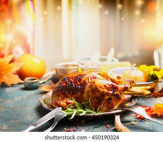  Thanksgiving Day Dinner Table With Roasted  Turkey, Side View