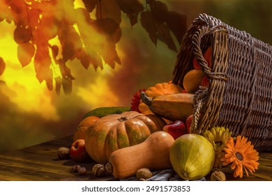 Thanksgiving day still life. Pumpkin harvest in wicker basket. Squash, vegetable autumn fruit, apples, and nuts on a wooden table. Halloween decoration fall design. - Powered by Shutterstock