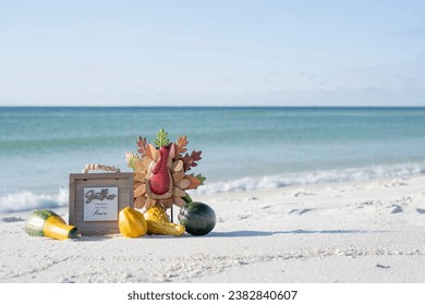 Thanksgiving decorations turkey on beach on a sunny fall say 