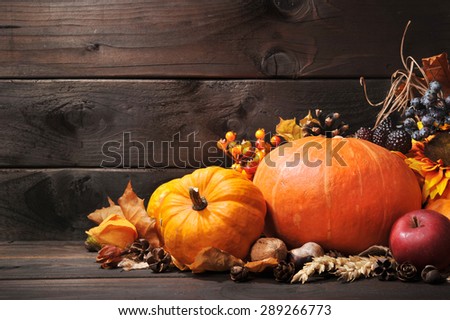 Thanksgiving - different pumpkins with nuts, berries and grain in front of wooden board