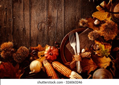 Thanksgiving Dinner. Autumn Fruit With Plate And Cutlery. Thanksgiving Autumn Background