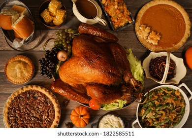 Thanksgiving Dinner Meal Turkey And Sides Table Setting Overhead View