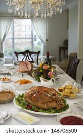 Thanksgiving Dinner On Table In Elegant Home