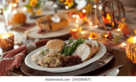 Thanksgiving dinner, roasted turkey, green beans, mashed potatoes, cranberry sauce, stuffing, pumpkin pie, wooden slices, fairy lights, autumn decor, cozy family meal - Powered by Shutterstock